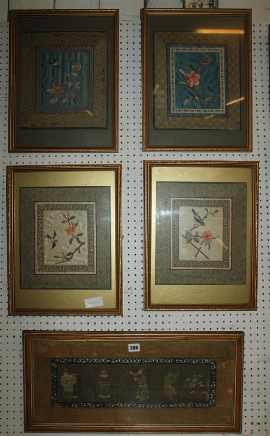 5 Chinese framed silk panels